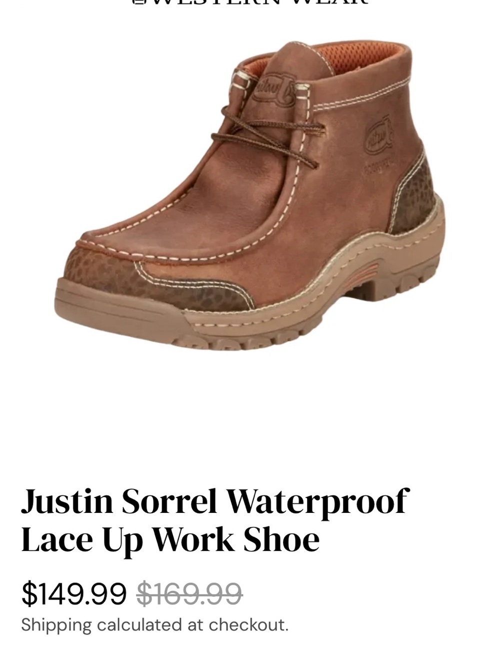 Justin Waterproof Men’s Sorrel Brown Chukka Work Boot Sz 10M
